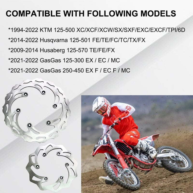 Vanlison Front & Rear Brake Disc Rotors Compatible with KTM 125 250 350 450 500 Husqvarna 125-501 FE TE FC Husaberg 125-570 TE GasGas 125-450 Motorcycle 10.2" 8.6" Brake Disc Rotors - Image 2